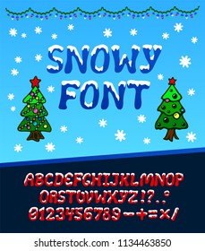 Beautiful christmas font with two trees and snow