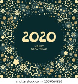 Beautiful Christmas frame with shining stars and snowflakes. Vector illustration with "2020. Happy new year" lettering. Elegant Template for holiday greeting card, invitation and new year decoration.