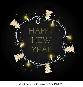 beautiful Christmas garland with lights, sparkles and Christmas trees with paper. A realistic garland on black background. New year 2018 greating card.