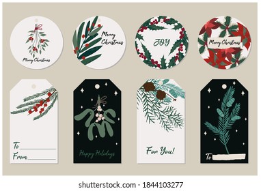Beautiful Christmas gift tags with festive plants and florals. Vector hand drawn illustration of fir pine needles, mistletoe, holly and berries. Stylish flat elements for your design.   
