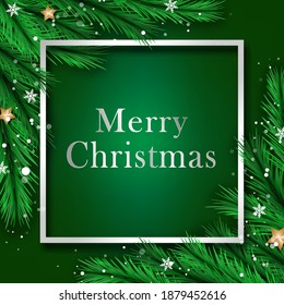 Beautiful Christmas green background with border of pine tree, gold stars, snow flake, decorative ball. Merry Christmas and happy new year concept vector art, illustration.