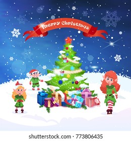 Beautiful Christmas Greeting Card Fir Tree And Green Elfs Over Winter Snowflakes Flat Vector Illustration