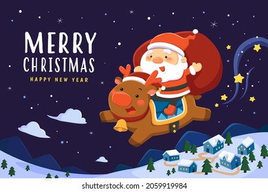 Beautiful Christmas greeting card. Flat illustration of Santa Claus with a big sack riding a reindeer and flying through the night sky