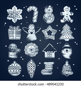 Beautiful Christmas hand drawn paint brush icons set. New year symbols - gingerbread man star santa snowflake christmas tree ball sock ant other holiday designs. Chalk board style.