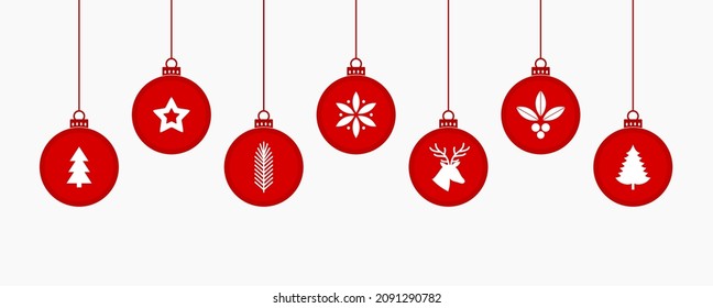 Beautiful Christmas hanging balls ornaments with Christmas symbols. Vector illustration.