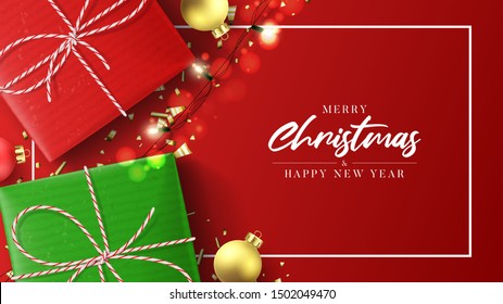 Beautiful Christmas and Happy New Year banner. Holiday background with realistic gift boxes, sparkling light garlands, Christmas balls and golden confetti. Festive vector illustration.