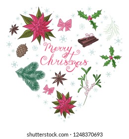 Beautiful Christmas heart set: Lettering Merry Christmas, poinsettia, mistletoe, holly, Christmas tree branches, fir cone, cinnamon sticks, anise, bows, ribbons, snowflakes. Vector illustration.