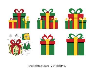 Beautiful Christmas and holiday icon collection. Featuring versatile and minimalist icons, including Christmas trees, gifts, ornaments, Santa Claus, reindeer, snowflakes, stockings, and holiday decor.