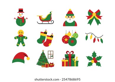 Beautiful Christmas and holiday icon collection. Featuring versatile and minimalist icons, including Christmas trees, gifts, ornaments, Santa Claus, reindeer, snowflakes, stockings, and holiday decor.