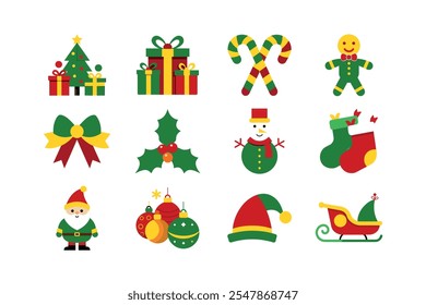 Hermosas Navidades y colección de iconos de vacaciones. Con iconos versátiles y minimalistas, incluyendo árboles de Navidad, regalos, adornos, Papá Noel, renos, copos de nieve, medias y decoración navideña.