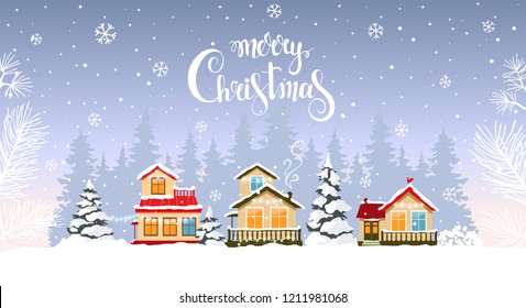 Beautiful christmas houses decorated with garlands in forest. Amazing winter holiday wallpaper for your design. Vector illustration