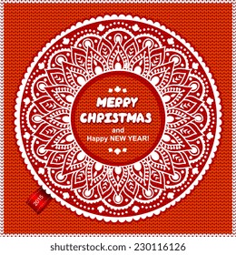 Beautiful Christmas lace ornament with a knitted background can be used as a greeting card
