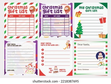 Hermosa plantilla de cartas navideñas. Diseño de la lista de regalos de Navidad para niños. Plantilla de vectores para la agenda, para hacer lista, lista de deseos, lista de regalos. Hoja de cálculo imprimible para preescolar.