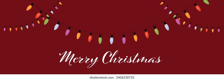 Beautiful Christmas lights and text MERRY CHRISTMAS on brown bac