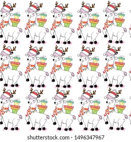 Beautiful christmas llama with gifts on a white background seamless pattern