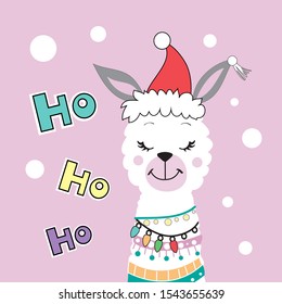 Beautiful Christmas llama and the inscription Ho Ho Ho on a pink background. Greeting card for Christmas and New Year