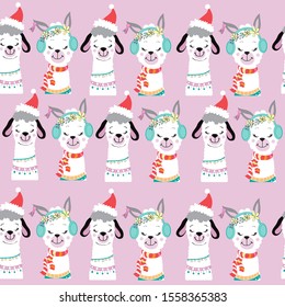 Beautiful christmas llama seamless pattern on pink background