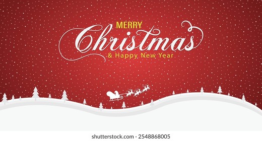 Beautiful Christmas and New Year Background on red background, Christmas banner with snow, santa claus riding sleigh cart deer winter vector illustration, eps 10.