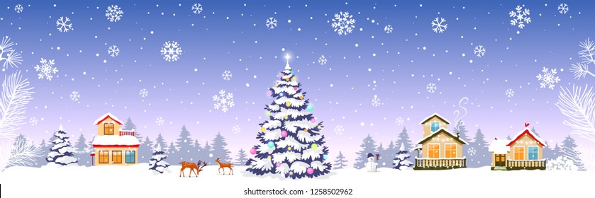 Beautiful Christmas and New Year banner with decorated houses and big christmas tree. Amazing winter holiday card. Vector illustration