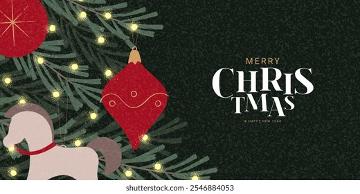 Beautiful Christmas and New Year banner. Elegant vector illustration with Christmas toys, garlands, fir tree branches and typography design. New Year background for card, ads, cover, social media.