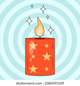 Beautiful Christmas and New Year candle in groovy style. Vintage style candle. Vector illustration.