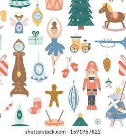 Beautiful Christmas and New Year seamless pattern with vintage Xmas tree toys and decorations, flat vector illustration. Endless background texture for winter holidays.