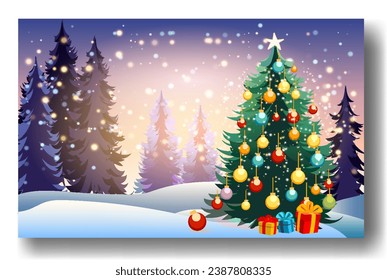 Beautiful Christmas and New Years background with decorated Christmas tree in fluffy snowdrifts against background of evening winter forest, falling snow and magical sky