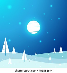 Beautiful Christmas Night Winter Landscape - Flat, New Year, Vector Illustration