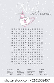 Beautiful Christmas (Noel) word search puzzle. Game about winter holidays.  Party card. Suitable for social media post. Words may be hidden vertically, horizontally and diagonally. 