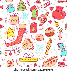 Beautiful Christmas objects in doodle style. Christmas pattern