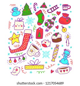 Beautiful Christmas objects in doodle style. 