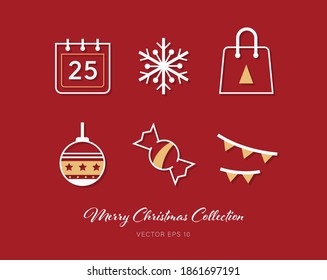 Beautiful Christmas outline flat icon set of 6 designs on red ba