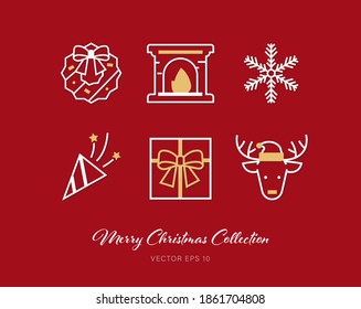 Beautiful Christmas outline flat icon set of 6 designs on red background