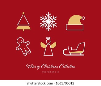 Beautiful Christmas outline flat icon set of 6 designs on red background