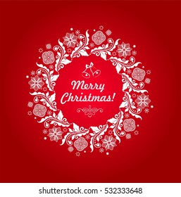 Beautiful christmas paper wreath on red background