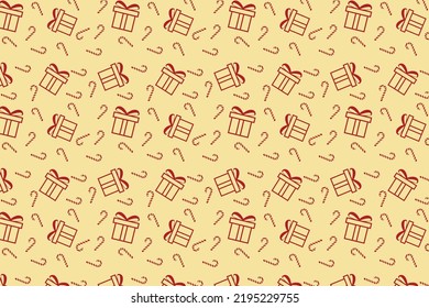 Beautiful Christmas pattern design with gift icons and candy canes. Xmas pattern decoration on a golden background. Christmas seamless pattern vector for gift papers, backgrounds, and wallpapers.