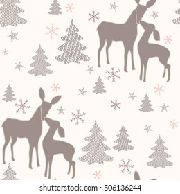 Beautiful Christmas pattern featuring Momma deer and baby deer, Christmas trees and snow flakes in pastel colors. Vector hand drawn illustration with isolated objects.  