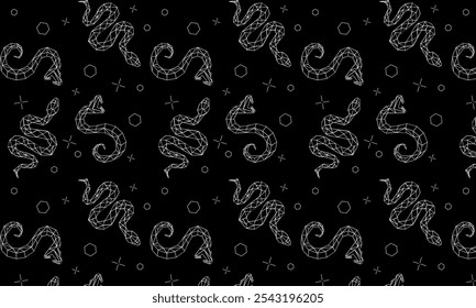 beautiful Christmas pattern with modern elements, with snakes, year of the snake. Fun Christmas Pattern of xmas ornaments and icons. For backgrounds, presentations, wrapping papers, prints, artworks. 