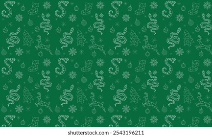 beautiful Christmas pattern with modern elements, with snakes, year of the snake. Fun Christmas Pattern of xmas ornaments and icons. For backgrounds, presentations, wrapping papers, prints, artworks. 