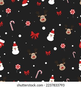 Beautiful Christmas pattern, Santa Claus, red bow, deer on a dark background. Beautiful festive recurring background, candy, Christmas item set, stickers, red bow, packaging, print