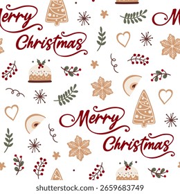 Bonito padrão de Natal sem emenda, padrão feito à mão, ótimo para têxteis de Natal, banners, envoltórios, papéis de parede - superfície vetorial. Elementos de Natal.