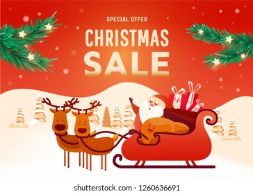 Beautiful Christmas poster with with santa, liver, deer and gifts on the Christmas landscape