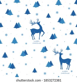 Beautiful Christmas print with reindeer and Christmas trees. Seamless blue background.