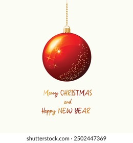 Beautiful Christmas red ball on Milky background Banner with copy space Merry Christmas and happy New Year text Square design Winter mood Xmas bauble decoration snowflakes stars gift vector Classic