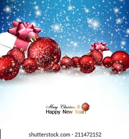 Beautiful Christmas red balls and gifts on snow.  Red Xmas baubles. Vector