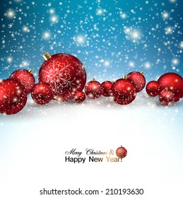 Beautiful Christmas red balls on snow.  Red Xmas baubles. Vector