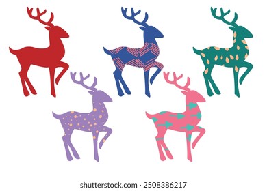 Rena de Natal bonita com doodle texture.Cute animais veados sets.Vetor crianças ilustração clipart design para férias de inverno, festival feliz, celebração, evento, produto impresso, decoração de ornamento.