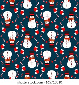 Beautiful Christmas seamless pattern background with funny cartoon snowmen. Colorful design for your greeting cards or illustrations/ 
