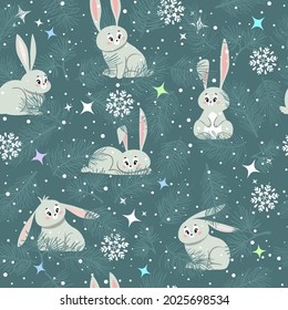 Beautiful christmas seamless pattern with cute bunnys. Amazing winter holiday wallpaper for your design. Vector illustration