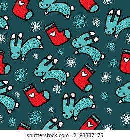 Beautiful christmas seamless pattern with cute bunnys. Amazing winter holiday wallpaper for your design. Vector illustration